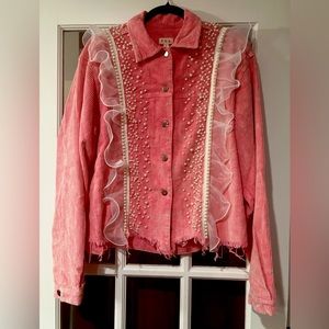 BRAND NEW POL EMBELLISHED PEARL MESH RUFFLE TRIM CORDUROY JACKET